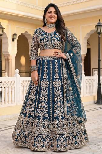Teal Color Sequins and Codding Embroidery Work Net Lehenga Choli Set