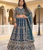 Teal Color Sequins and Codding Embroidery Work Net Lehenga Choli Set