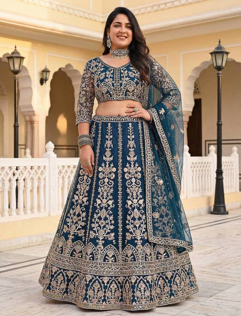Teal Color Sequins and Codding Embroidery Work Net Lehenga Choli Set