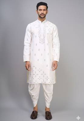 off white embroidered cotton silk kurta patiala set 1