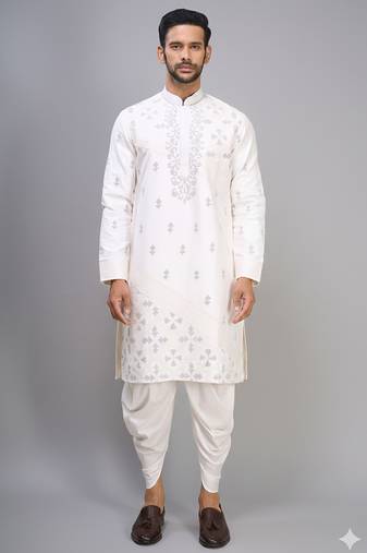 off white embroidered cotton silk kurta patiala set