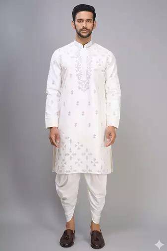 off white embroidered cotton silk kurta patiala set