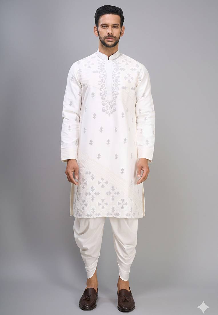 off white embroidered cotton silk kurta patiala set