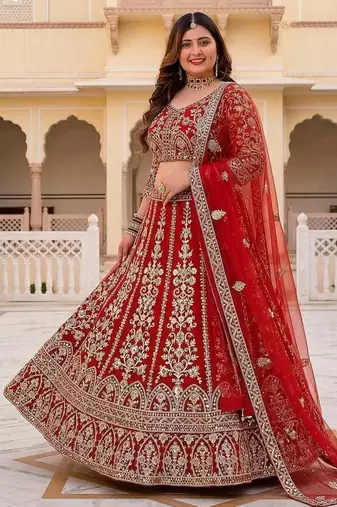 Red Color Sequins and Codding Embroidery Work Net Lehenga Choli Set
