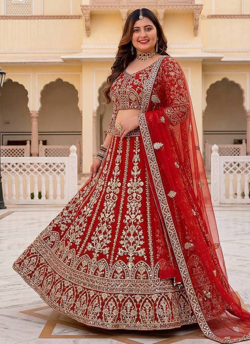 Red Color Sequins and Codding Embroidery Work Net Lehenga Choli Set