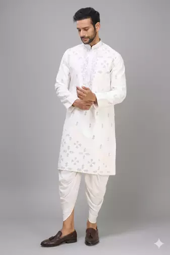 off white embroidered cotton silk kurta patiala set