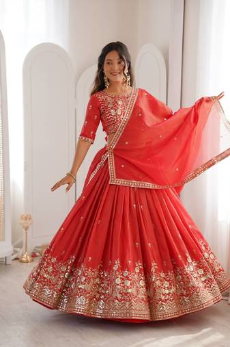 designer red shimmer lehenga choli for wedding
