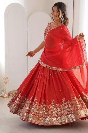 designer red shimmer lehenga choli for wedding