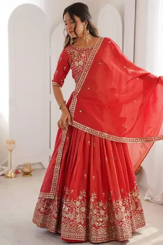 designer red shimmer lehenga choli for wedding