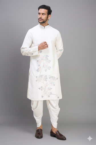 off white silk embroidered kurta patiala set for men