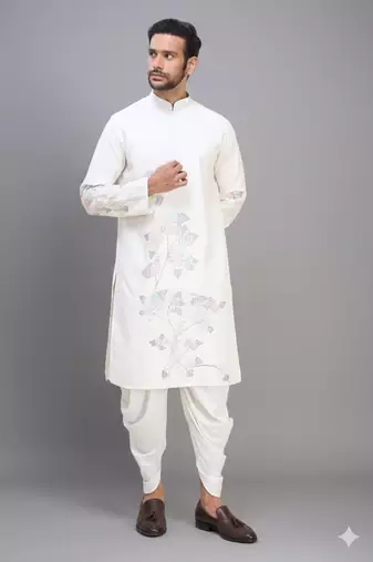 off white silk embroidered kurta patiala set for men