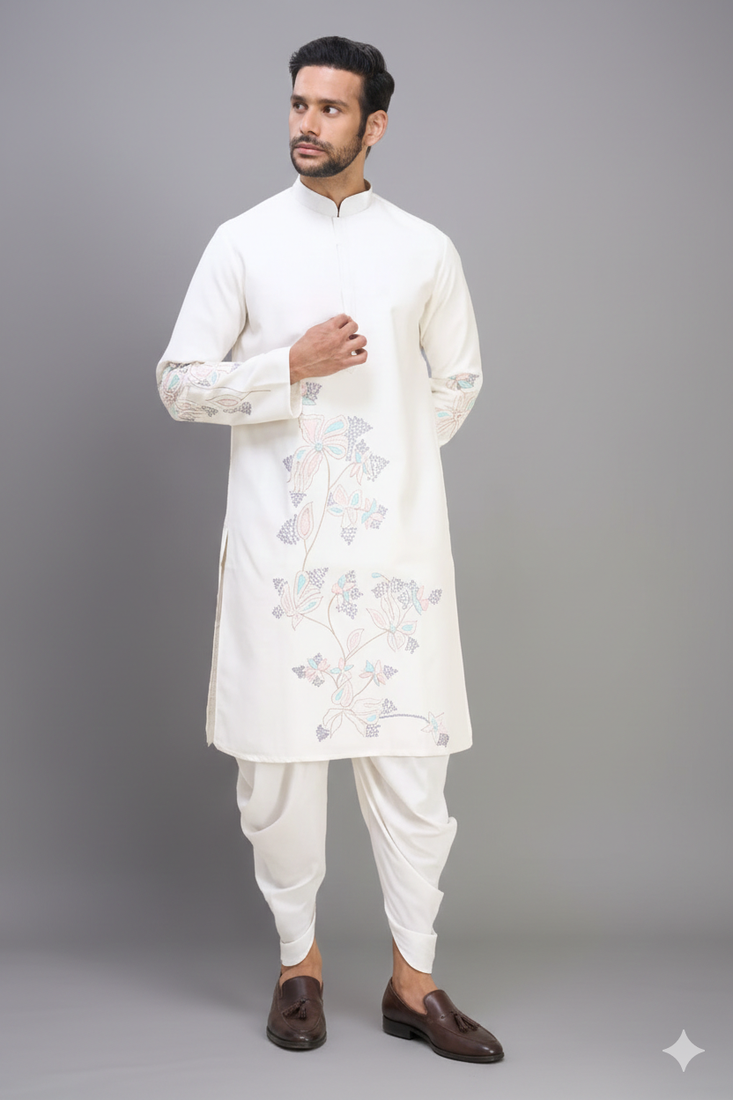 off white silk embroidered kurta patiala set for men