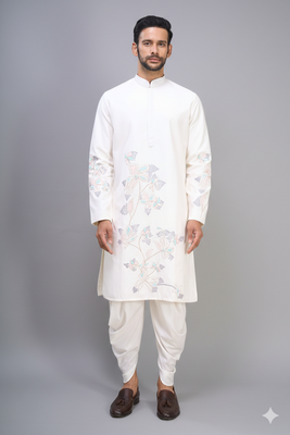 off white silk embroidered kurta patiala set for men 2