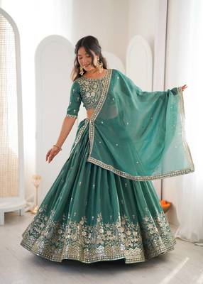 designer green shimmer lehenga choli for wedding 1