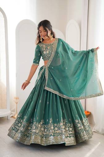 designer green shimmer lehenga choli for wedding