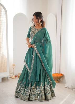 designer green shimmer lehenga choli for wedding 2