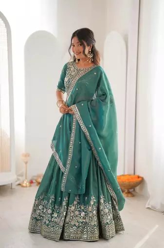 designer green shimmer lehenga choli for wedding