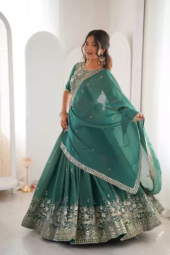 designer green shimmer lehenga choli for wedding