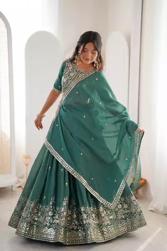 designer green shimmer lehenga choli for wedding