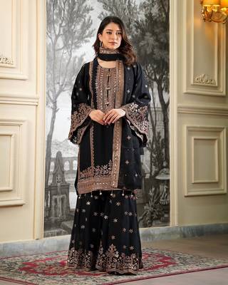 Black Fendy Silk Sharara Suit Set with Rose Gold Sequence Embroidery 1