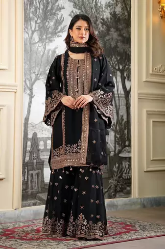 Black Fendy Silk Sharara Suit Set with Rose Gold Sequence Embroidery