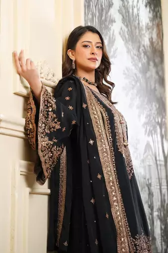 Black Fendy Silk Sharara Suit Set with Rose Gold Sequence Embroidery