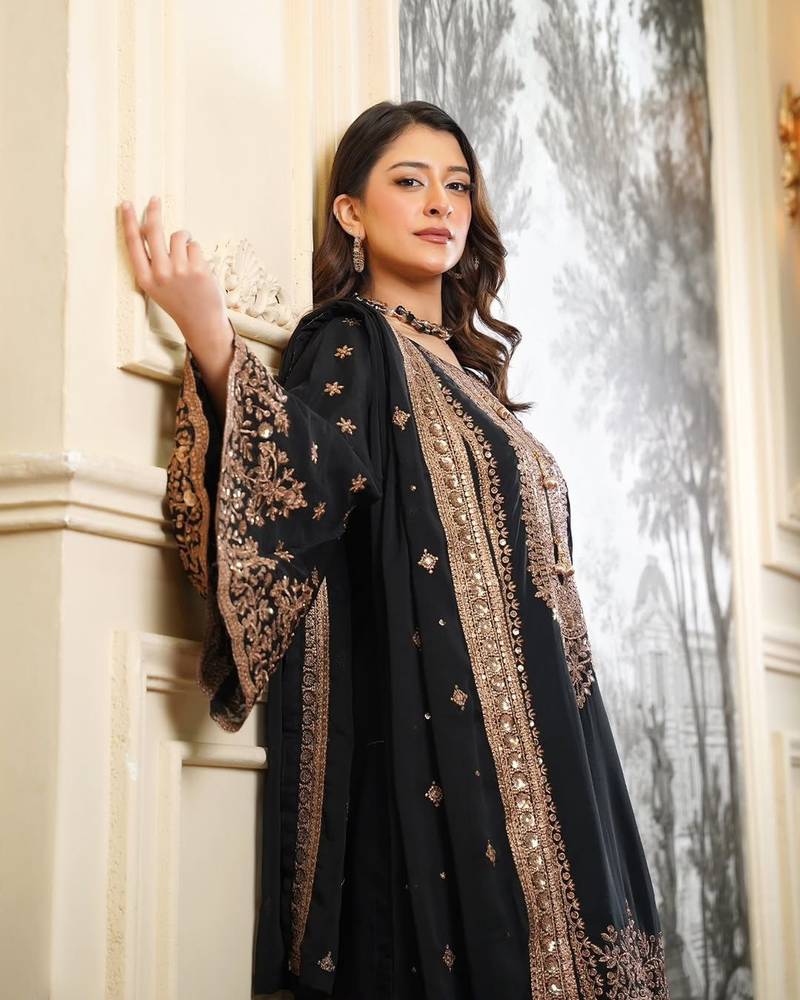 Black Fendy Silk Sharara Suit Set with Rose Gold Sequence Embroidery
