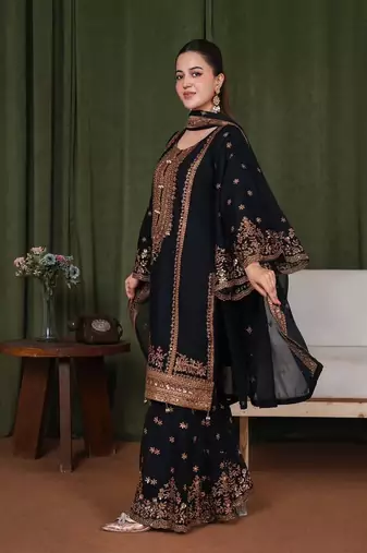 Black Fendy Silk Sharara Suit Set with Rose Gold Sequence Embroidery