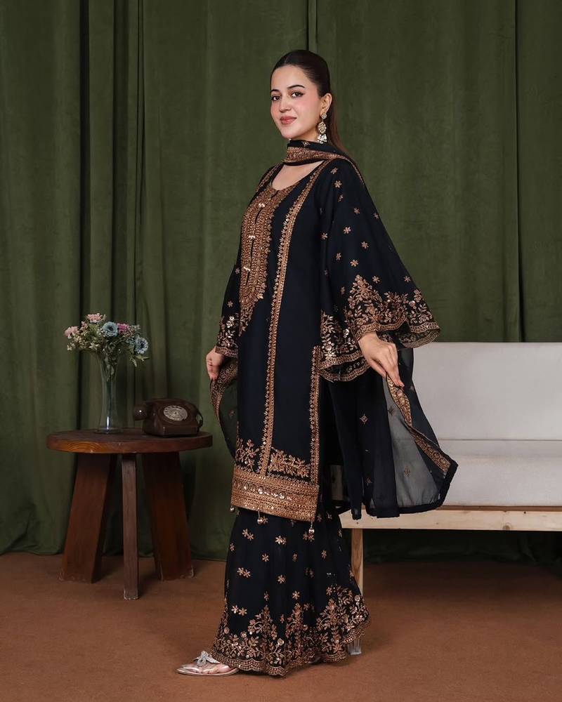 Black Fendy Silk Sharara Suit Set with Rose Gold Sequence Embroidery