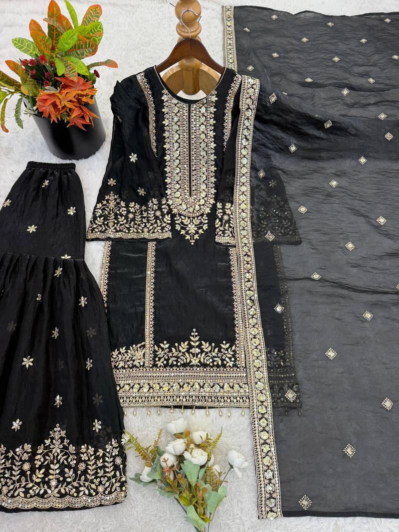Black Fendy Silk Sharara Suit Set with Rose Gold Sequence Embroidery
