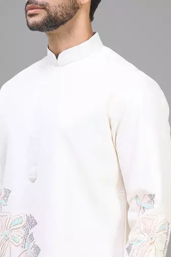 off white silk embroidered kurta patiala set for men