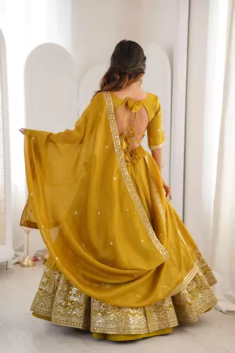 designer mustard shimmer lehenga choli for wedding