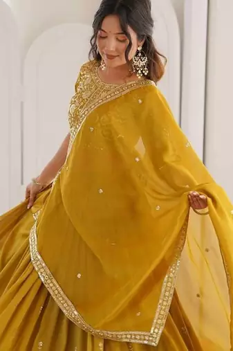 designer mustard shimmer lehenga choli for wedding