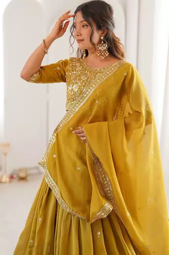 designer mustard shimmer lehenga choli for wedding