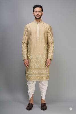 fawn silk embroidered kurta patiala set for men 1