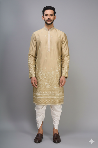 fawn silk embroidered kurta patiala set for men