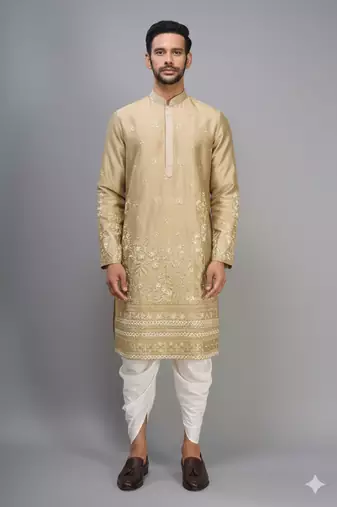 fawn silk embroidered kurta patiala set for men