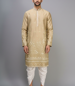 fawn silk embroidered kurta patiala set for men