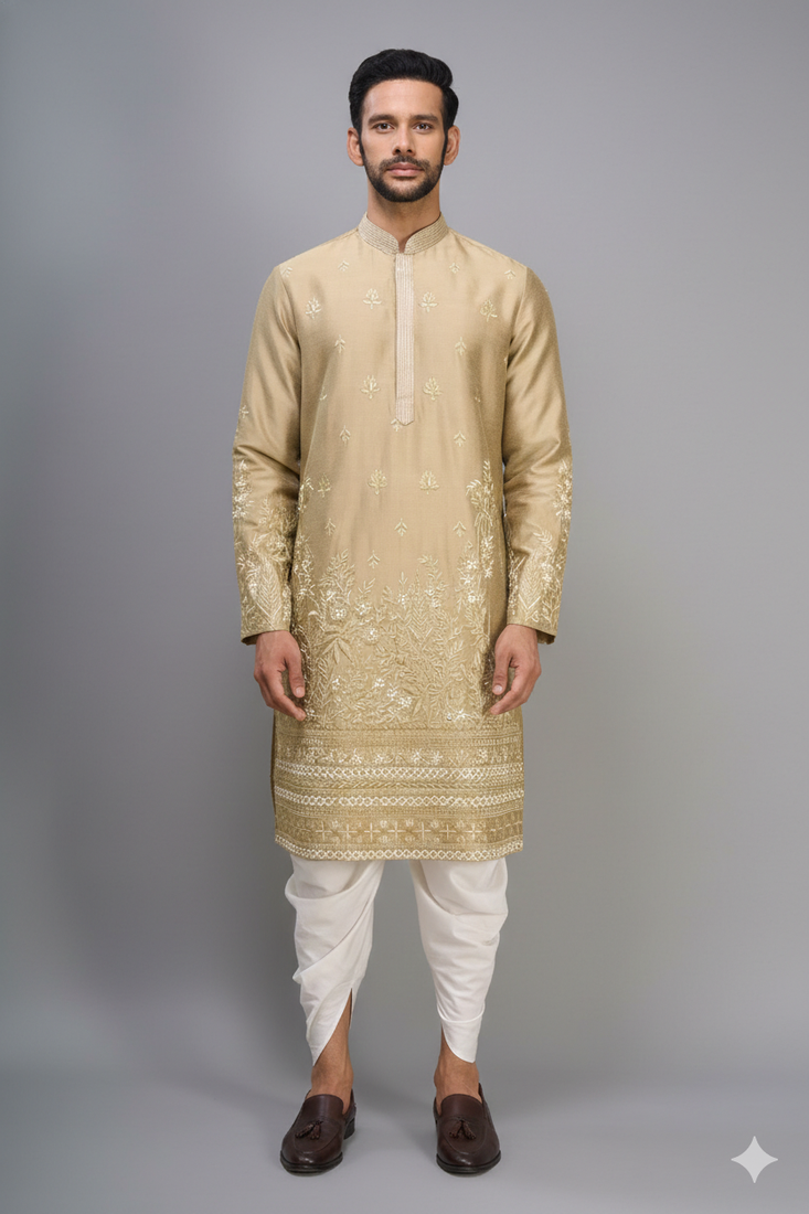 fawn silk embroidered kurta patiala set for men
