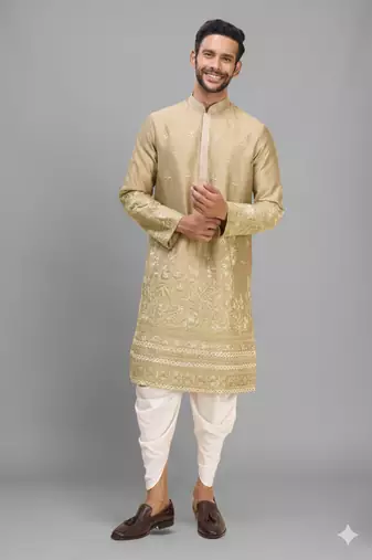 fawn silk embroidered kurta patiala set for men