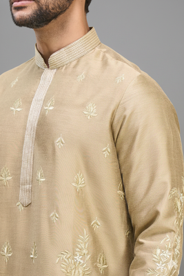 fawn silk embroidered kurta patiala set for men 3