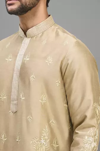 fawn silk embroidered kurta patiala set for men