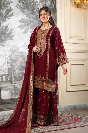 Maroon Fendy Silk Sharara Suit Set with Rose Gold Sequence Embroidery