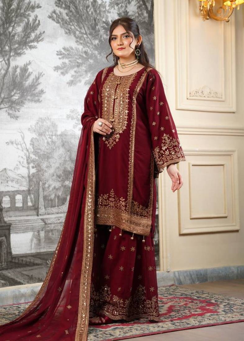 Maroon Fendy Silk Sharara Suit Set with Rose Gold Sequence Embroidery