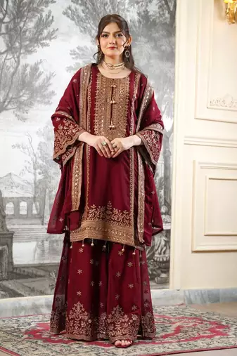 maroon fendy silk sharara suit with sequins work design