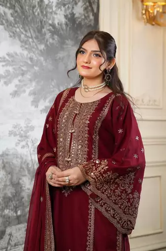maroon fendy silk sharara suit with sequins work design