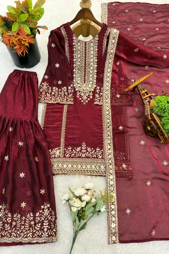 maroon fendy silk sharara suit with sequins work design