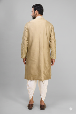 fawn silk embroidered kurta patiala set for men 4
