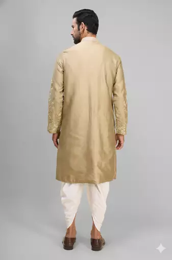 fawn silk embroidered kurta patiala set for men