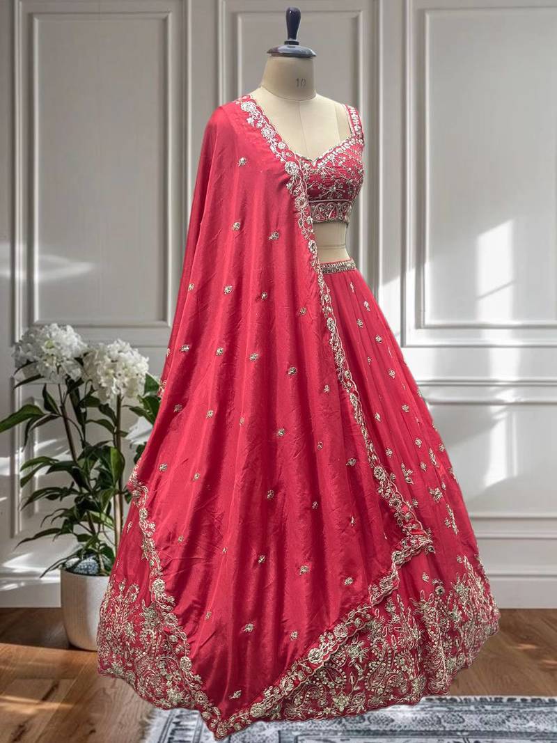 Pink Color  Sequins and Codding Embroidery Work  Silk Lehenga Choli Set